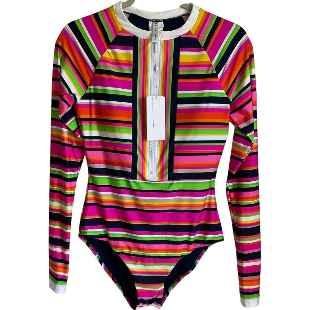 Trina Turk NEW Striped Paddle One Piece Swimsuit Sz M Zip Front Rash Guard UPF